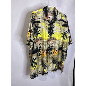 Mens Rima Hawiian‎ Shirt Size XL Yellow Flowers Black Red Palm Trees Sail Boat